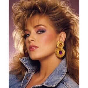 1980's Runway Retro Gold Tone Textured Large Disc & Colored Cab Clip On Earrings